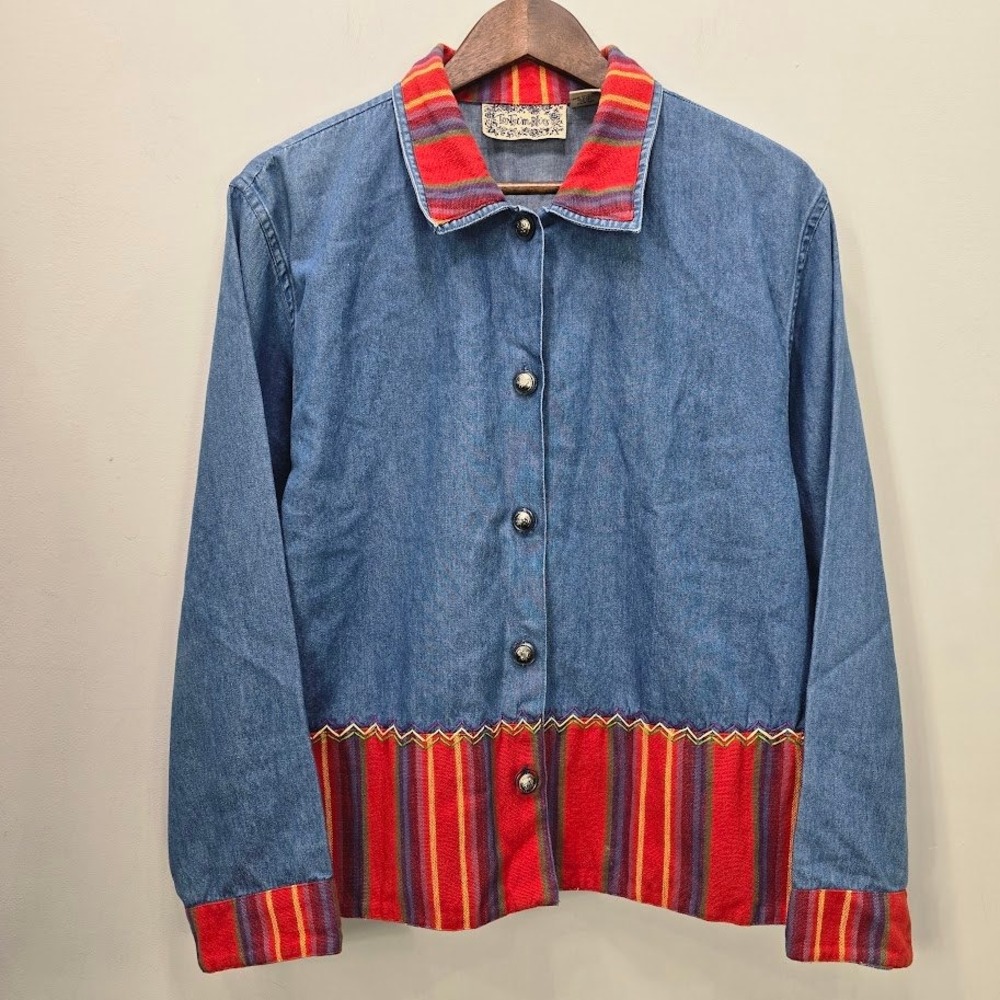 Vtg Tantrum Blues Denim Jacket L Colorful  Western Mixed Media Embroidered *Read